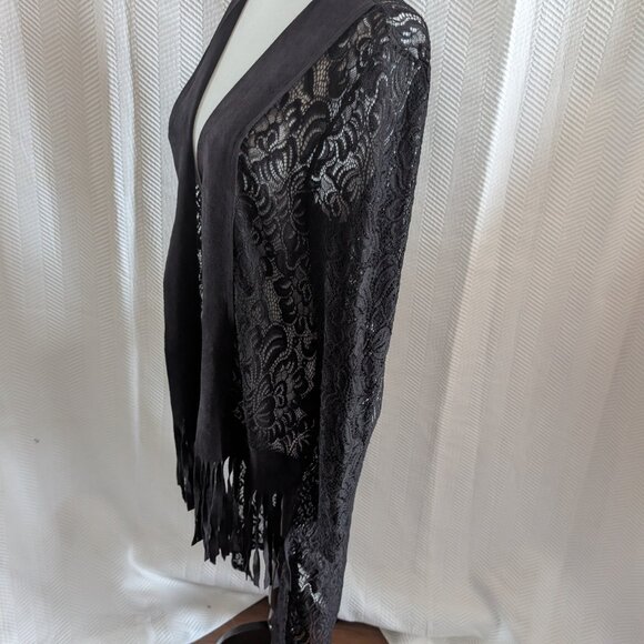 Simon Chang Lace Crochet Duster Faux Suede Fringe Black Size 10, M, Whimsigoth - Picture 3 of 13